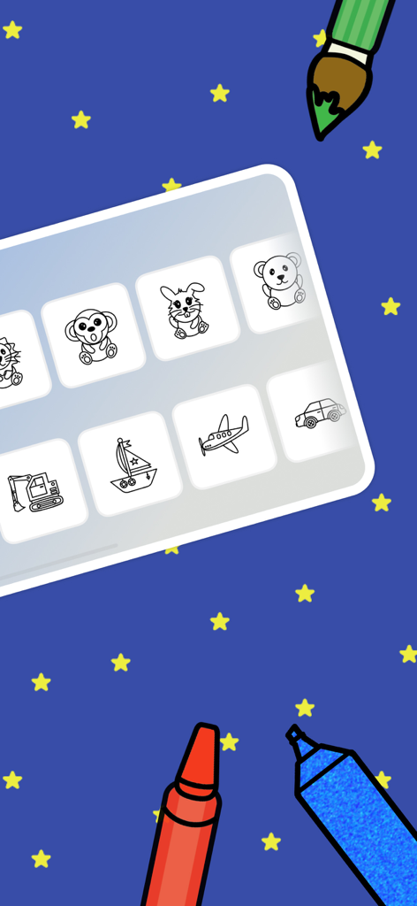 Coloring for Kids & Toddlers - Main menu of the coloring app showing animal and vehicle drawing themes with creative tools.