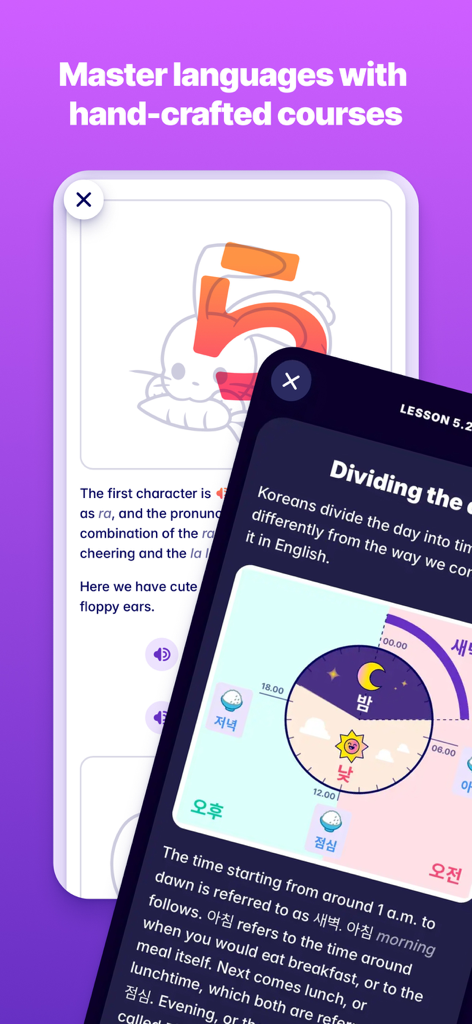 Migaku app interface showing hand-crafted language learning courses and Korean lesson screens