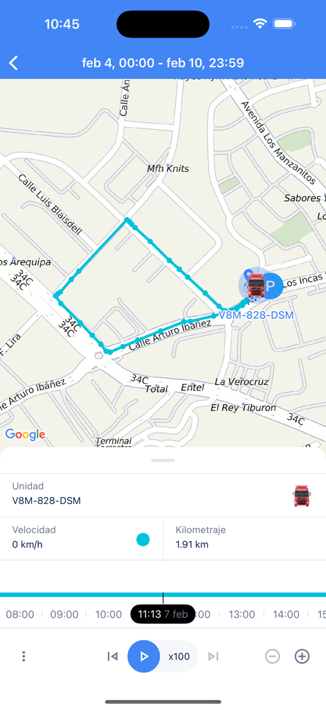 Goldcar Plus - Interfaz de la aplicación Goldcar Plus que muestra la ruta de un vehículo rastreado en un mapa