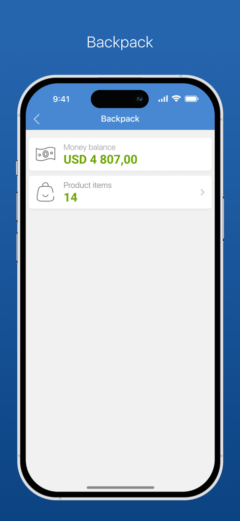 BOMS Courier - Schermata dello zaino di BOMS Courier che mostra il saldo in denaro e il conteggio dei prodotti.