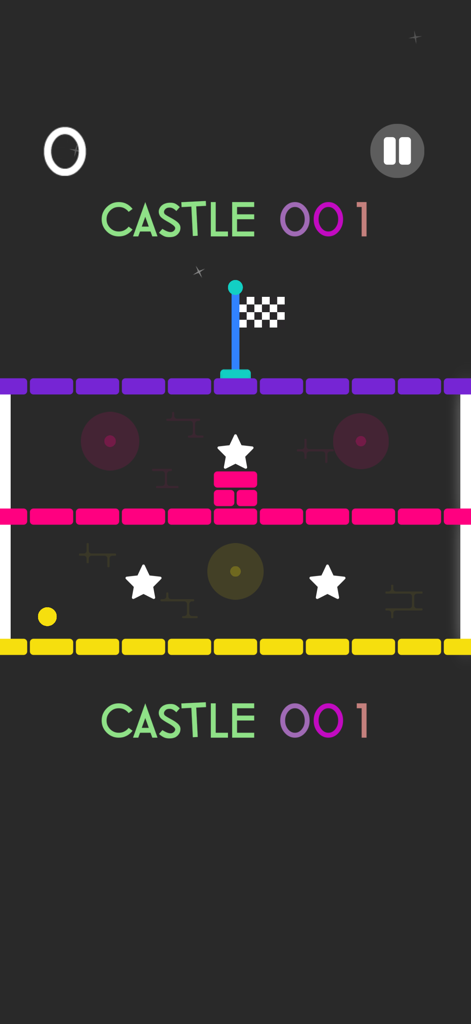 Color Switch mobile game screenshot showing a yellow ball navigating through neon brick obstacles in a castle level