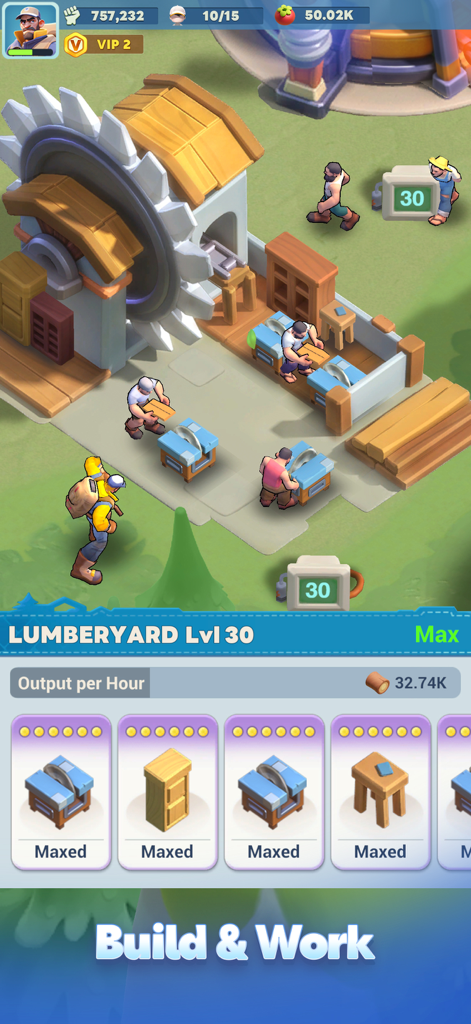 Supervivientes trabajando en un aserradero de nivel 30 dentro del juego móvil Tiles Survive