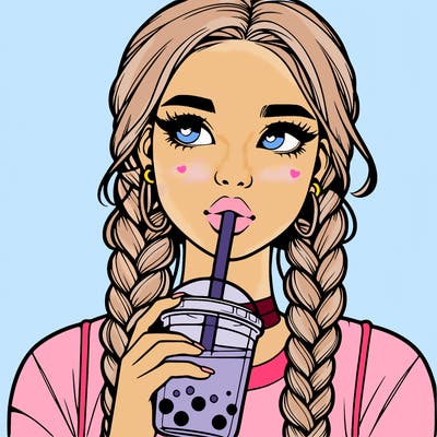realistic girl with braided hair drinking boba