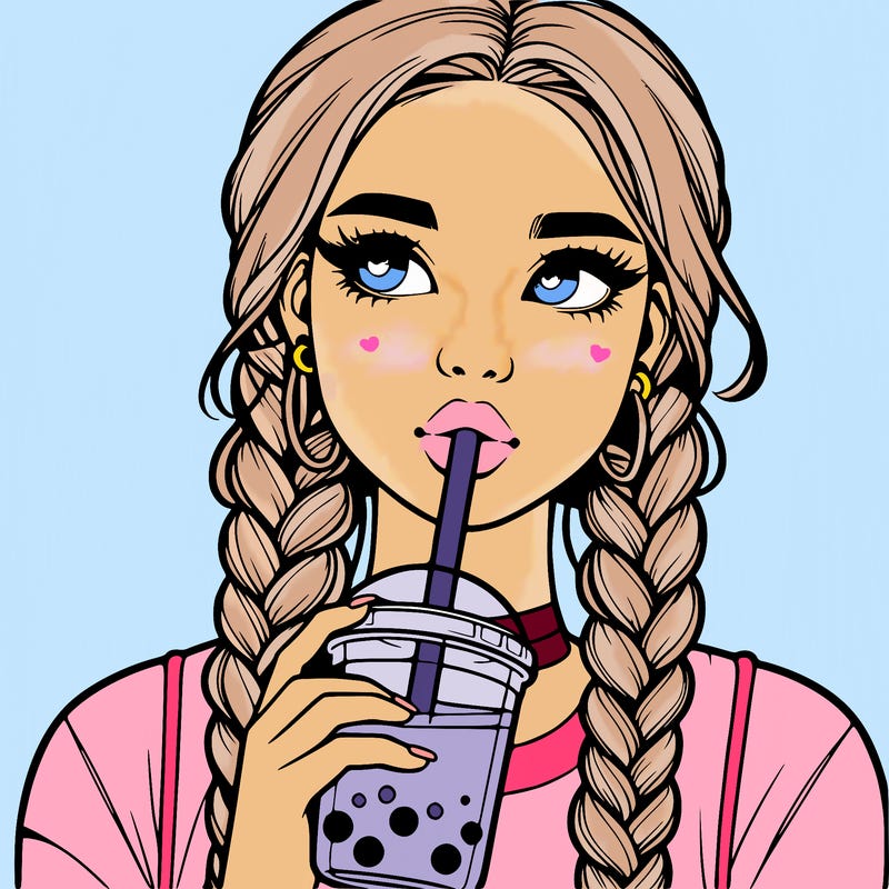 realistic girl with braided hair drinking boba
