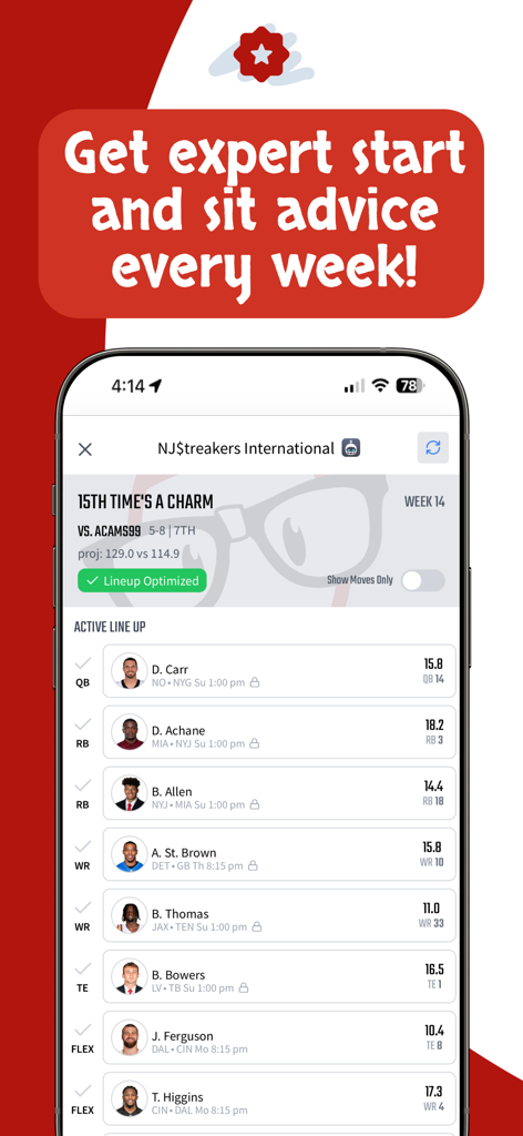Interfaccia dell'app Dynasty Nerds che mostra una formazione fantasy ottimizzata con consigli esperti su chi schierare e chi lasciare fuori