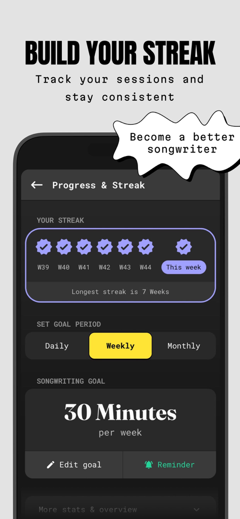 ChordButter app screen showing progress streak and weekly songwriting goals