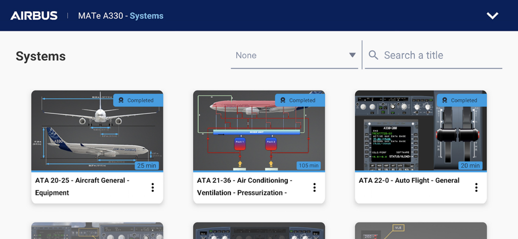 Airbus A330 MATe Systems App Dashboard mit abgeschlossenen Trainingsmodulen für Flugzeugsysteme
