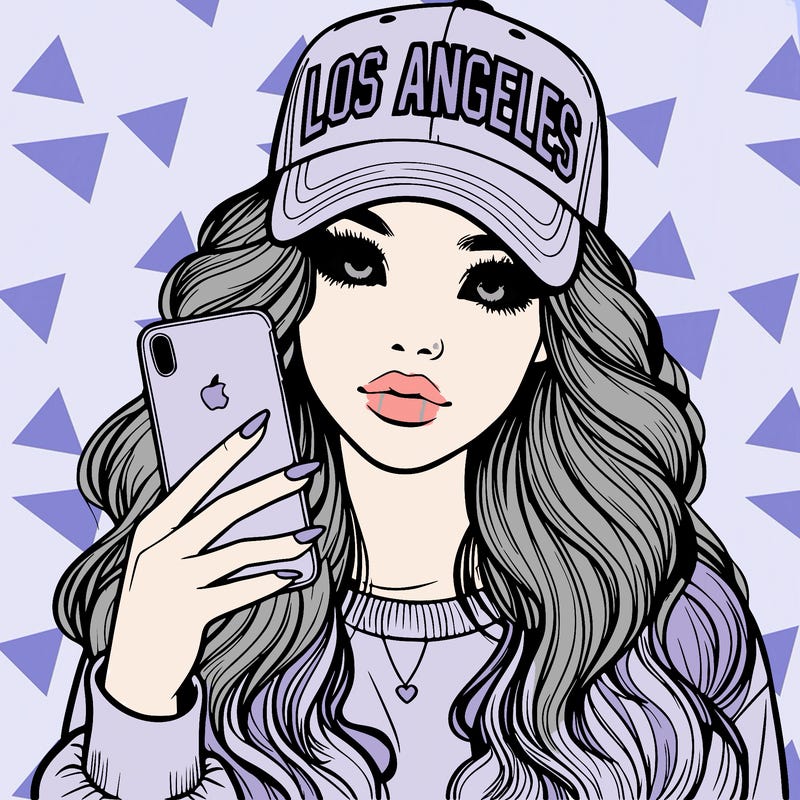 realistic beautiful girl wearing los ángeles cap holding an iphone