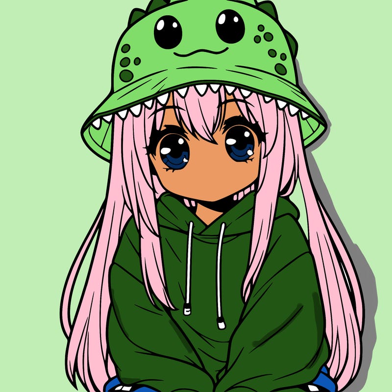 girl with anime shaped eyes with a dinosaur bucket hat oversized sweatshirt long straight hair