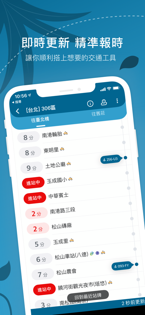 Bus Tracker Taiwan - Schermata di arrivo dell'autobus in tempo reale sull'app Bus Tracker Taiwan che mostra le fermate del transito e i minuti stimati fino all'arrivo.