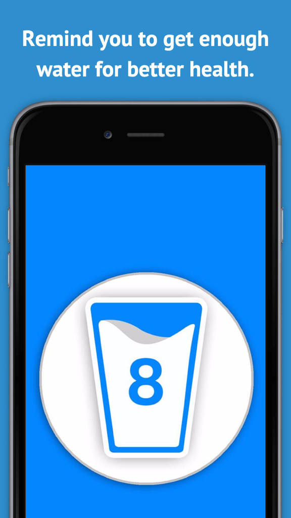 Drink Reminder - Water Alarm, Intake Log, and Daily Hydration Tracker for Wellbeing - Drink Reminder app showing a water glass icon with a daily goal of eight glasses