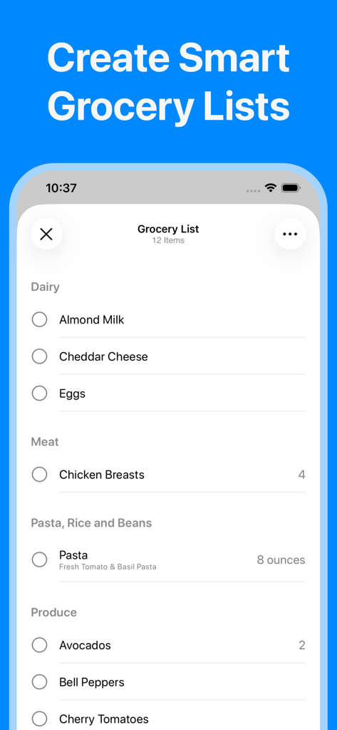 Recipes: Recipe Keeper - A mobile app interface showing a grocery list organized by categories like dairy, meat, and produce.
