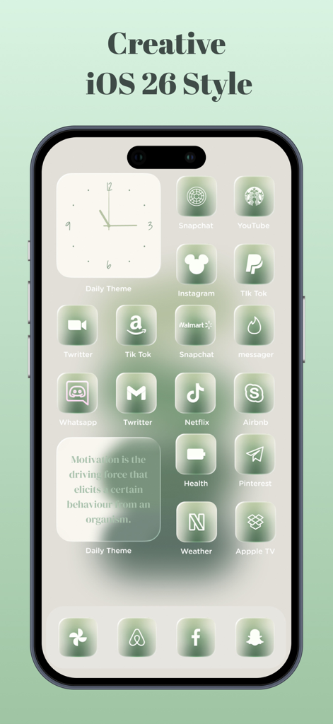 Daily Theme: Aesthetic Widgets - Pantalla de inicio de iPhone personalizada con un tema estético verde salvia e iconos de aplicaciones a juego