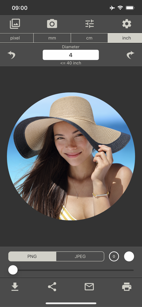 Round Photo - A woman in a sun hat cropped into a circle on the Round Photo app interface with a four inch diameter setting