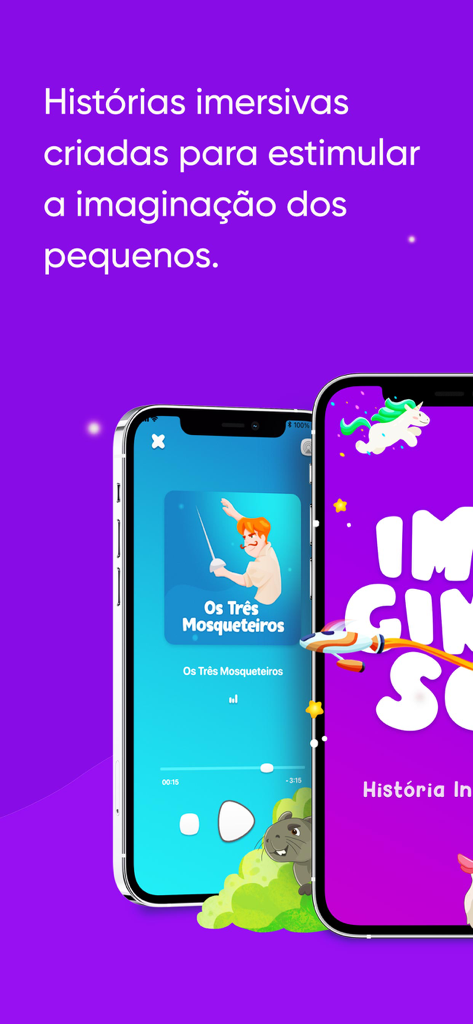 Imagina Só Histórias infantis - Interface de l'application mobile Imagina So montrant des histoires audio pour enfants en portugais pour stimuler l'imagination