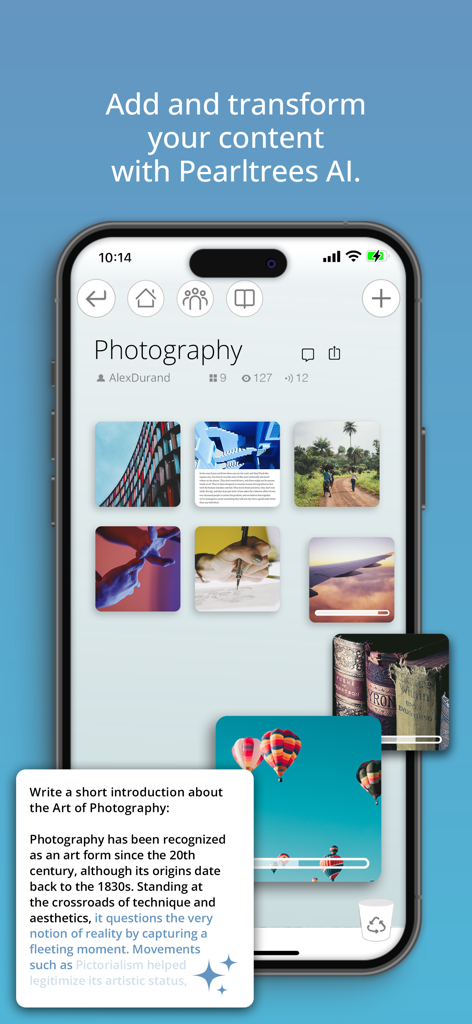 Pearltrees - Pearltrees app showing a photography collection with AI generated content description