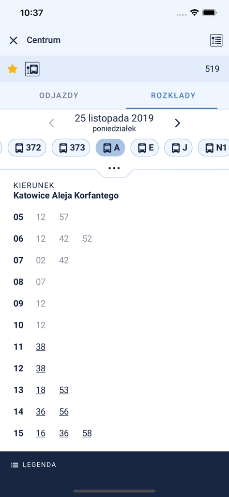 Écran de l'application mobile montrant un horaire de bus avec les heures et minutes de départ pour les arrêts de transport en commun