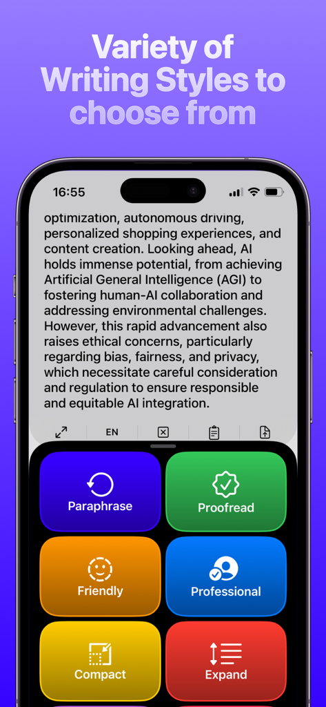 Rewordアプリのインターフェースのスクリーンショット。フレンドリー、プロフェッショナル、校正などの様々な文章スタイルオプションが表示されています。
