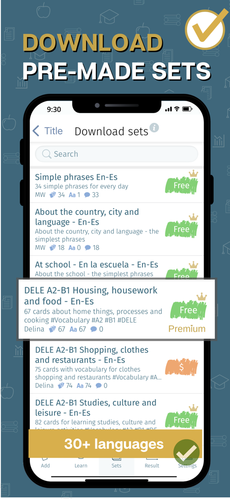 Interface showing downloadable pre-made flashcard sets for language learning and exam preparation