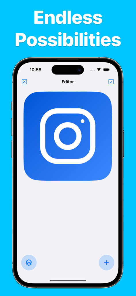 Custom App Icon Maker: IconKit - IconKit app editor interface showing a custom blue Instagram logo on an iPhone