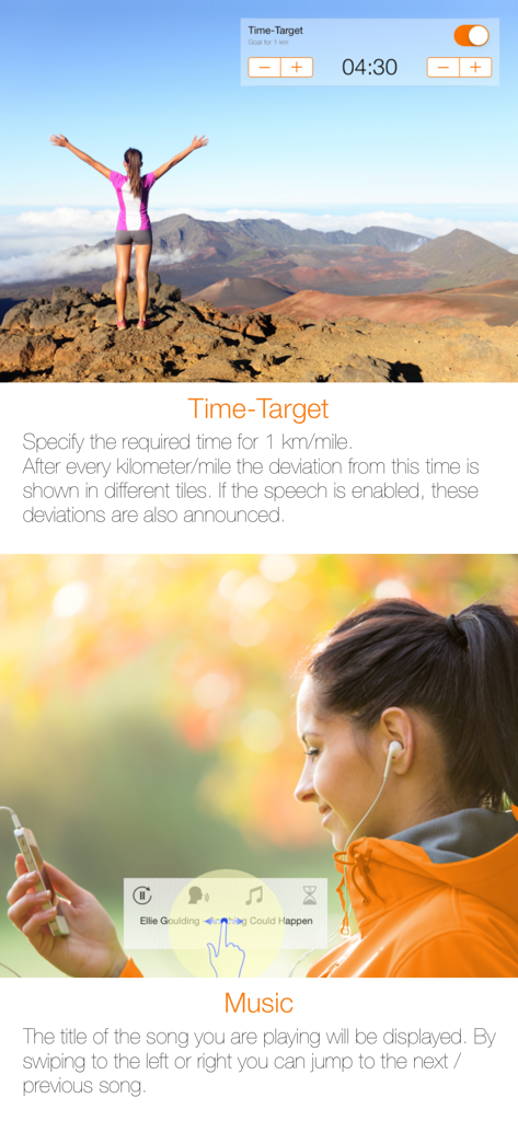walk.App - Walking with GPS - walk.Appの時間目標設定と、ウォーキング向けの統合音楽プレーヤーコントロールを表示するスクリーンショット。