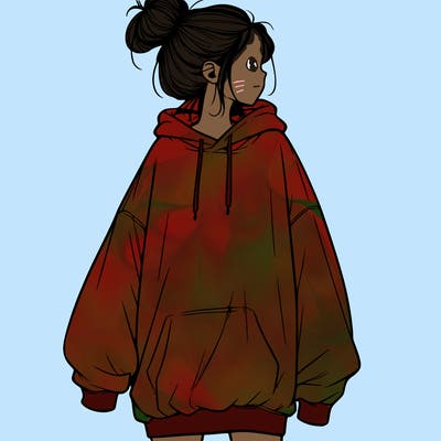 realistic girl with a oversized sweatshirt on and a bun
