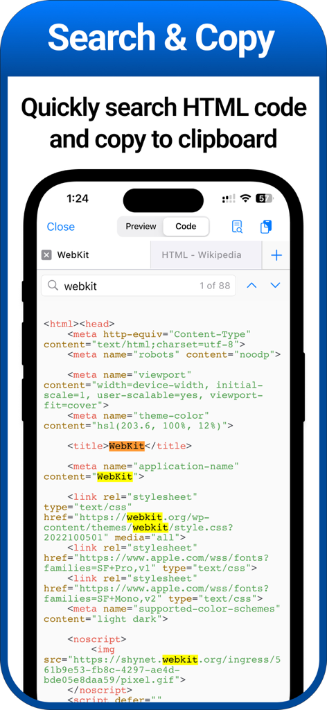 iPhoneのスクリーンショット。構文ハイライト付きのHTMLソースコードの検索およびコピー機能を示しています。