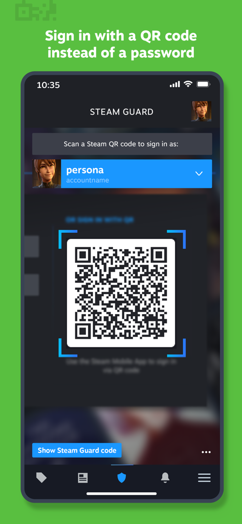 Steam Guard内のQRコードサインイン機能を特集したSteam Mobileアプリのスクリーンショット。