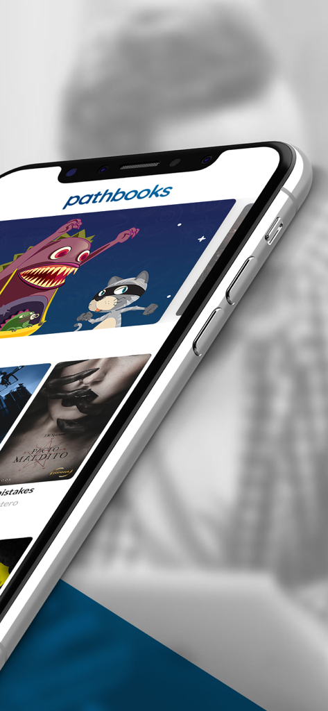 Pathbooks Stories & Audiobooks - Uno schermo iPhone che mostra la libreria dell'app Pathbooks con varie copertine illustrate di storie interattive