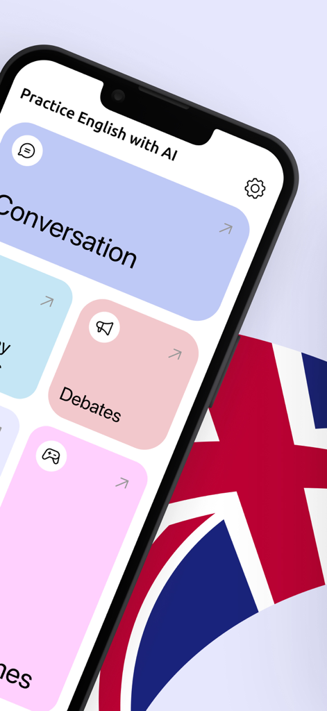 Learn English with AI - Learn English with AI mobile app interface showing categories for conversation debates and games