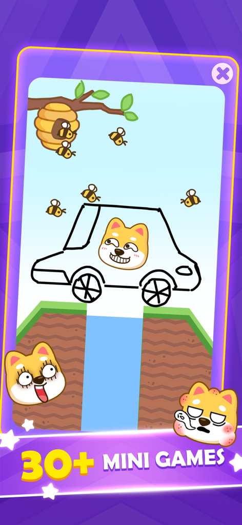 No WiFi -Antistress Relax toys - Screenshot of the Save the Dog puzzle level from the No WiFi Antistress app showing a protective drawing around a dog character against bees.