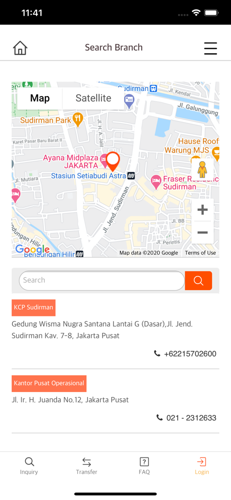 OK BANK Mobile - Branch locator screen in the OK BANK Mobile app showing a map of Jakarta and branch office addresses
