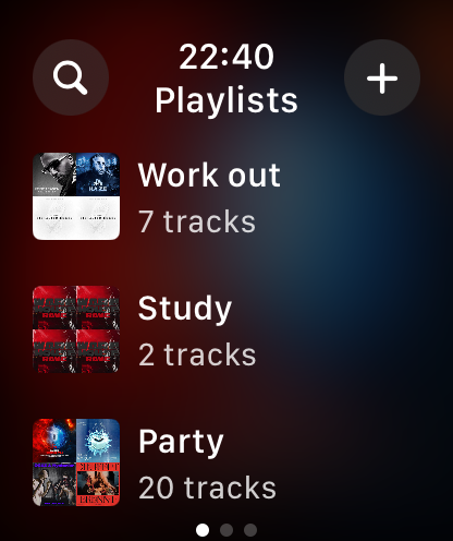 List of music playlists including Work out, Study, and Party in the Finy Jellyfin Client app on Apple Watch.