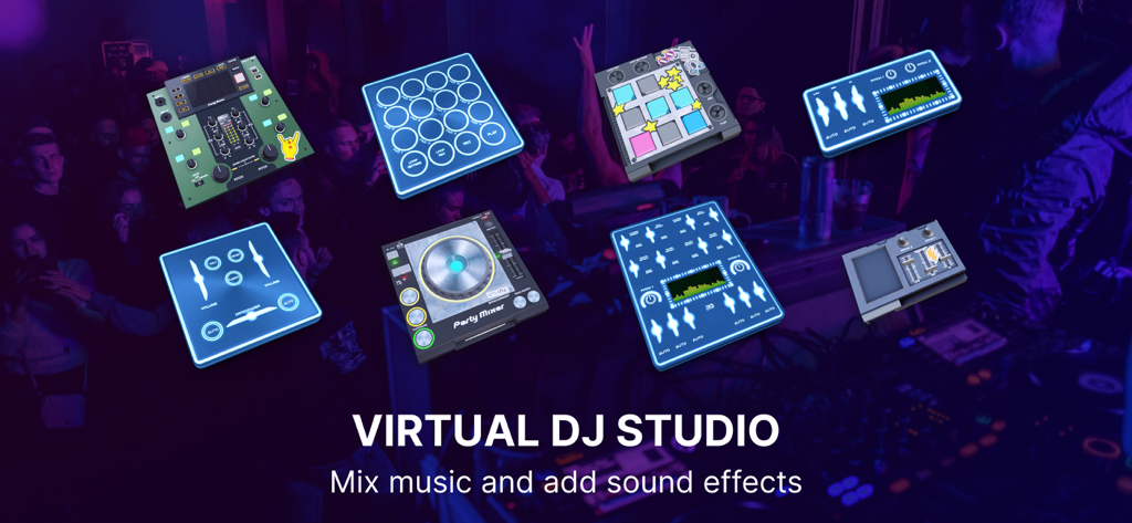 Party Mixer 3D: DJ Mix Studio - Virtual DJ studio interface with floating music mixing consoles and sound effects