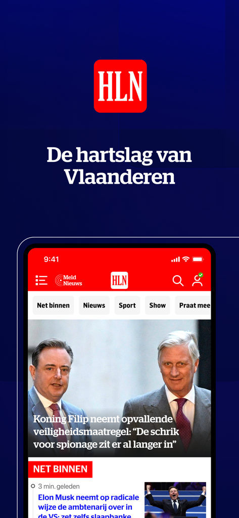 Pantalla de la aplicación de noticias belga HLN que muestra titulares de noticias flamencas y el eslogan De hartslag van Vlaanderen.