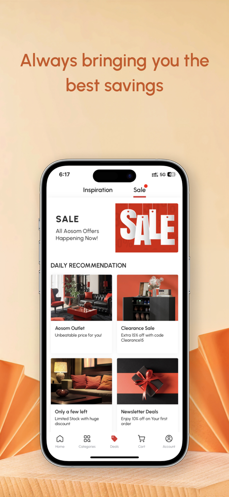 Aosom Online Shopping for Home - Tela de smartphone exibindo a seção de Ofertas e Promoções do aplicativo de compras Aosom com ofertas de liquidação e descontos.