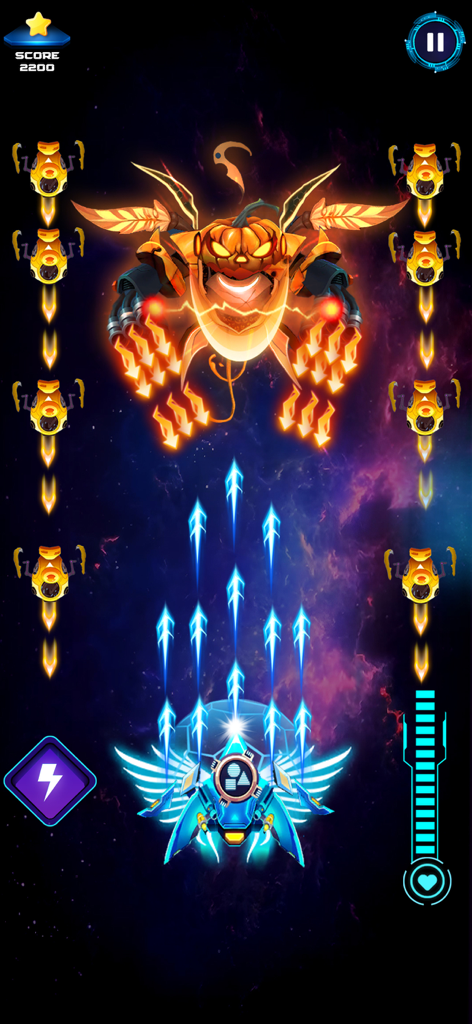 Orbital Strike Space Shooter - Gameplay of Orbital Strike Space Shooter showing a blue starship firing lasers at a giant pumpkin-headed boss in space.