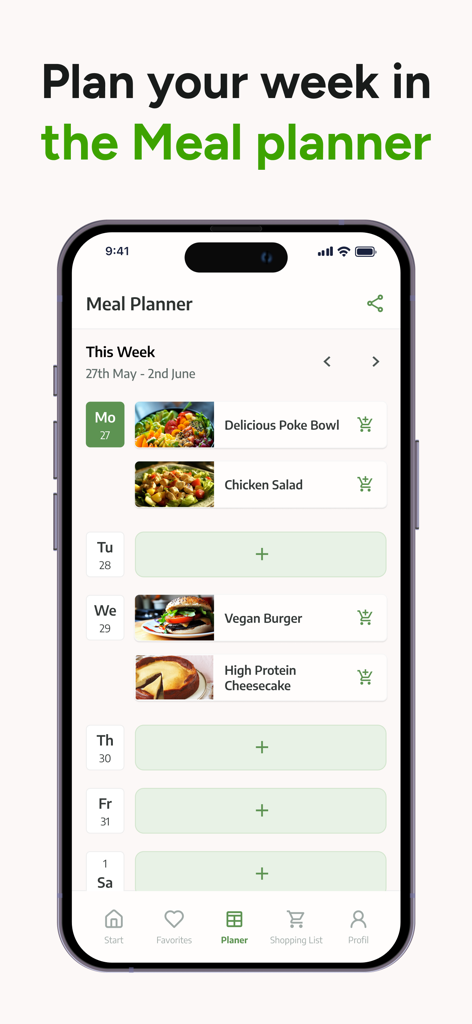 Interfaz móvil de un planificador de comidas semanal mostrando recetas saludables programadas e integración de lista de compras