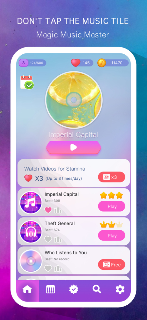 Music Tiles - Magic Piano Game - Menú de selección de canciones en la aplicación Music Tiles Magic Piano Game que muestra las pistas disponibles y el progreso del jugador.