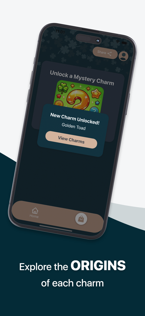 Lucky Charms app interface showing a newly unlocked Golden Toad mystery charm