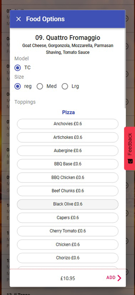 Mobile app interface for customizing a Quattro Fromaggio pizza with toppings and size options