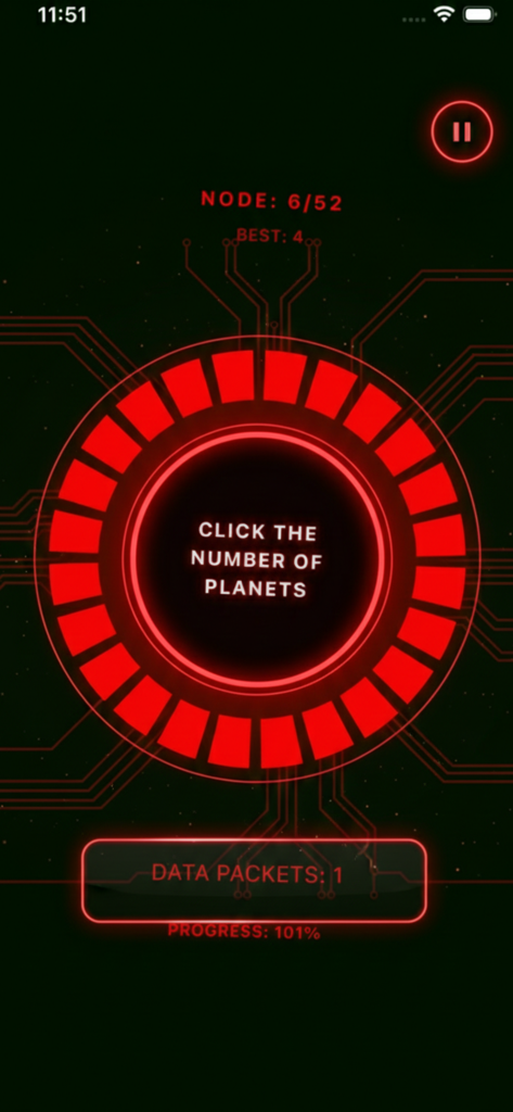 Press Under Pressure! - Cyberpunk neon red gameplay screen showing a reflex challenge to click the number of planets