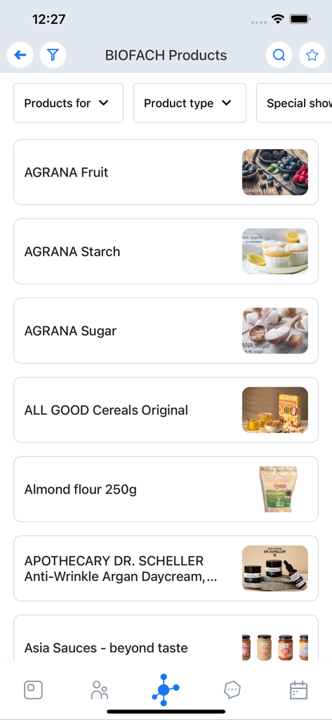 Mobile app interface for BIOFACH 2025 showing organic product directory