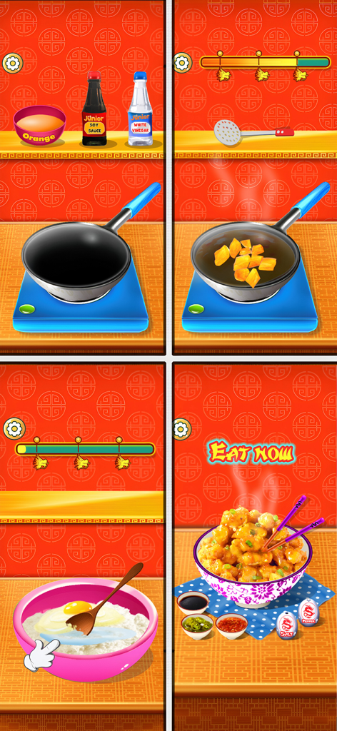 Chinese Food - Cooking Game - Four screenshots showing steps to cook and serve chinese food in a kids game