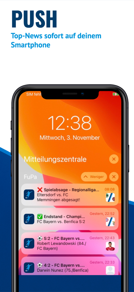 Tela de bloqueio de um smartphone mostrando notificações push do aplicativo FuPa com placares de futebol e alertas de gol