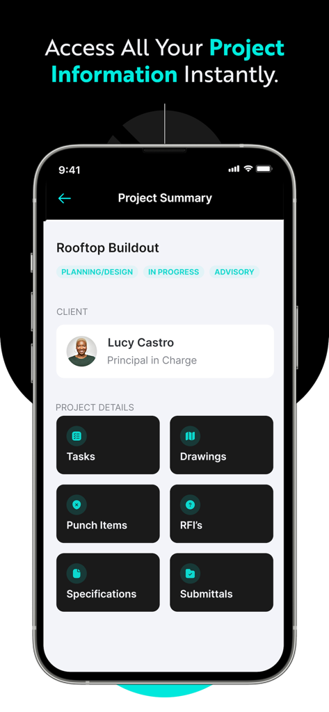 INGENIOUS.BUILD - Mobile dashboard of INGENIOUS.BUILD app showing a construction project summary with quick access to tasks drawings and RFIs