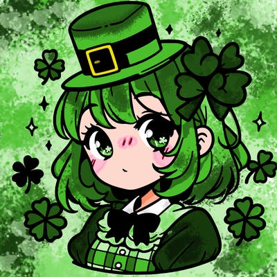 a manga-style girl with clovers around her, a little hat in her hair, like it's saint patrick's day