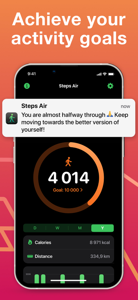 Steps Air activity goals screen showing daily step count and calories burned
