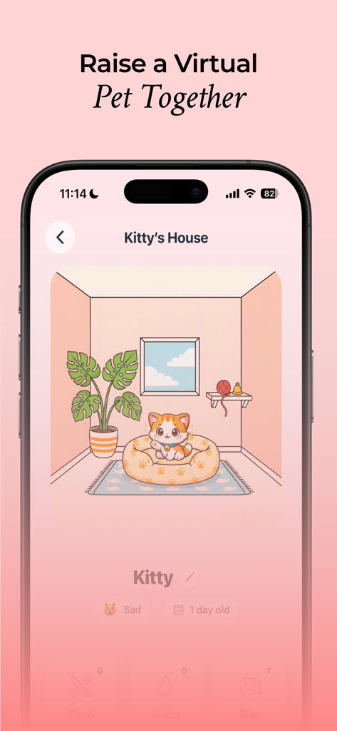 Pookie - Relationship Tracker - A virtual pet cat named Kitty in a cozy digital room within the Pookie app for couples