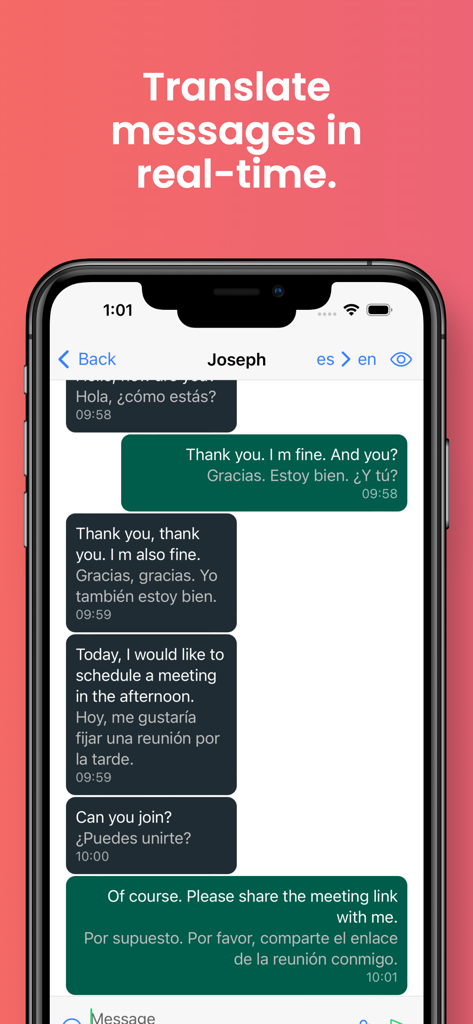 グローバルチャット翻訳で、スペイン語から英語へのリアルタイムメッセージ翻訳が表示されているスマートフォン。